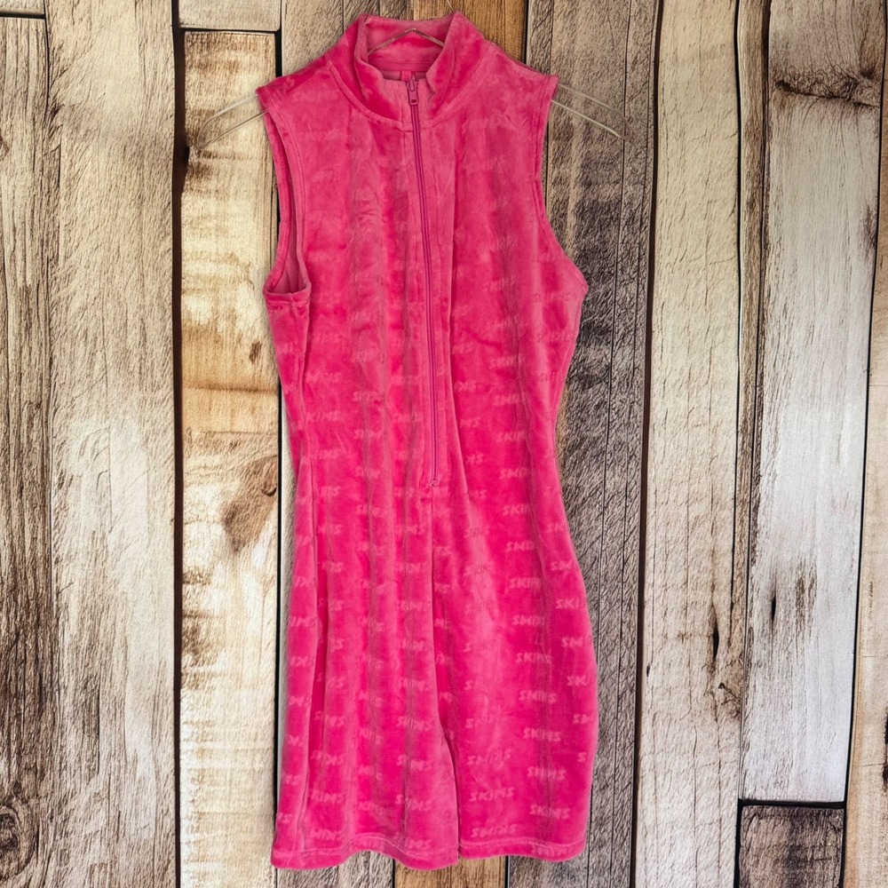 SKIMS Velour Zip Romper Hot Pink Sporty Athleisure Barbiecore Bodycon Medium NWT